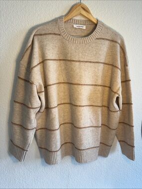 Butter Melon Oversized Striped Crewneck Knit Sweater Cream Rust Brown S